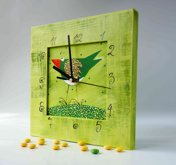 Hodiny malé – zelené – ptáček 4