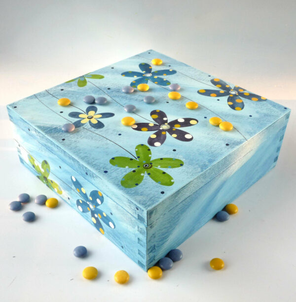 Krabice na čaj velká – modrá – květy 3