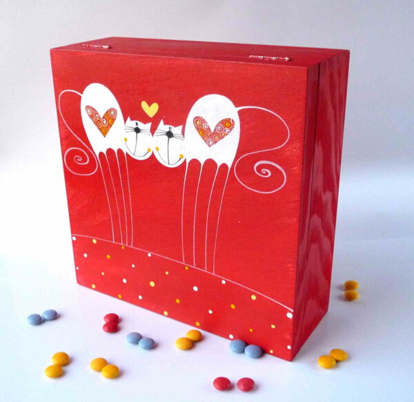 Krabice na čaj velká – červená – zamilované kočky