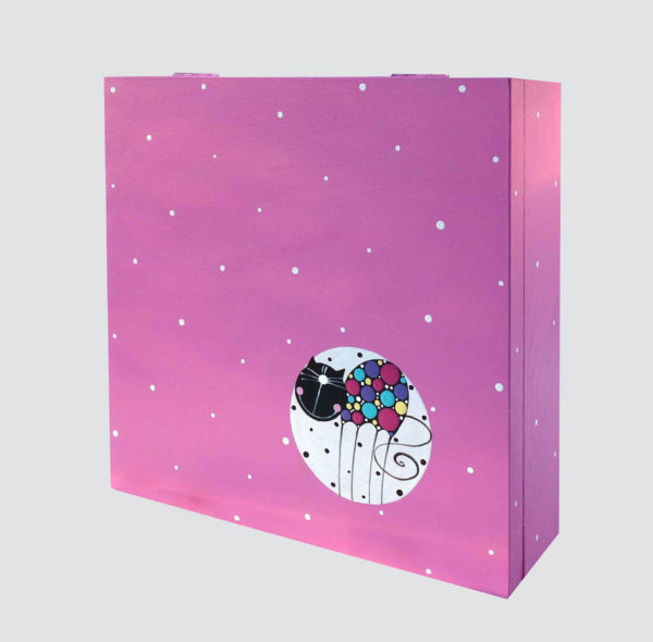 Krabice na čaj velká – růžová – kočka v bublině